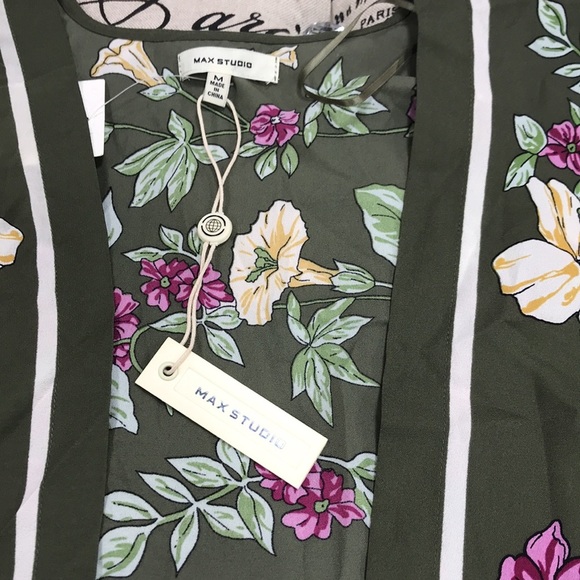 🎁 Max Studio Olive Floral Open Front Kimono Top - Picture 4 of 6